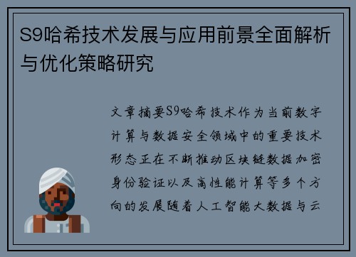 S9哈希技术发展与应用前景全面解析与优化策略研究 S9哈希技术发展与应用前景全面解析与优化策略研究